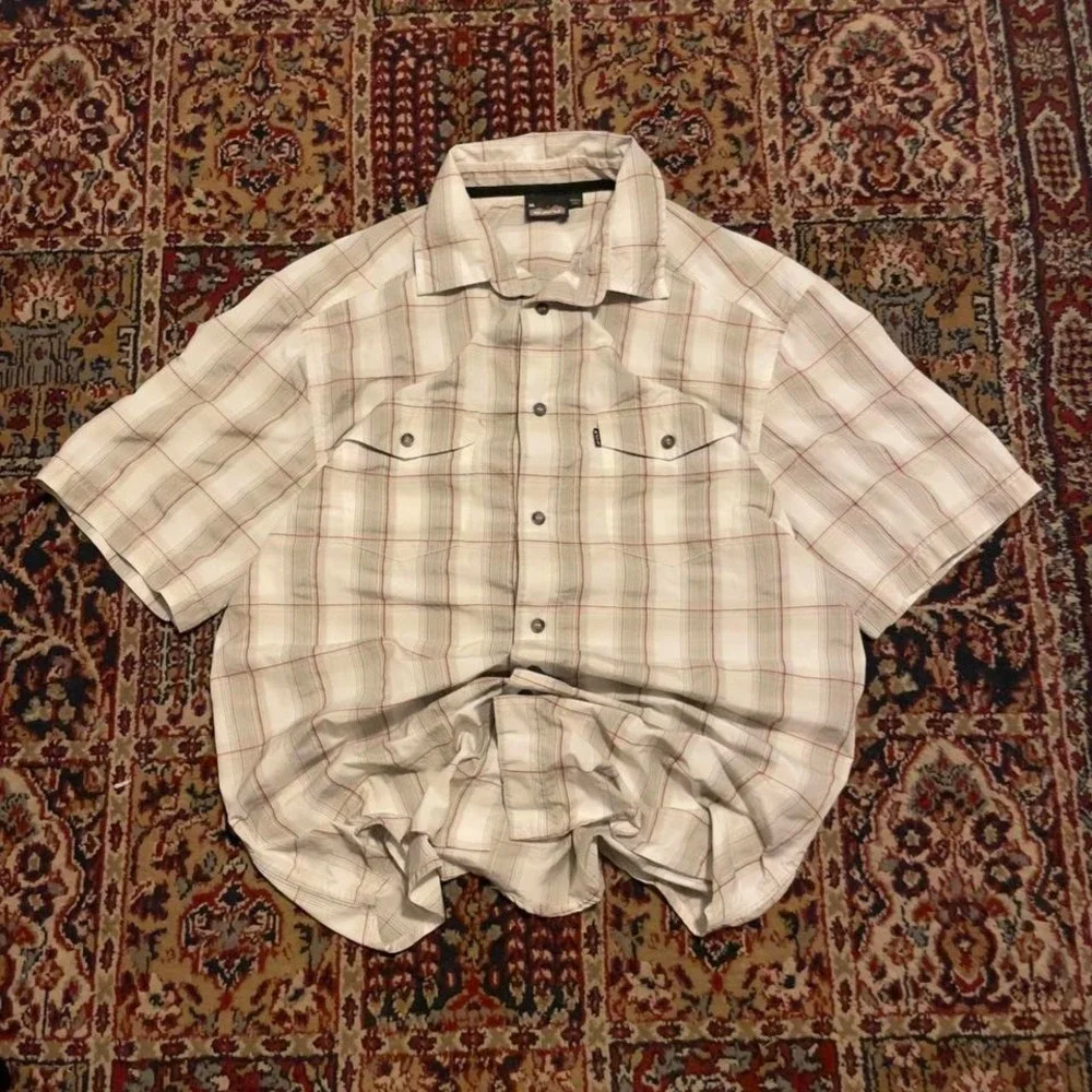 00s Kavu plaid pattern button up two pocket gorpcore hiking shirt M grey red - Picture 1 of 5